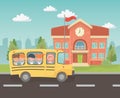 School building and bus with kids in the landscape scene Royalty Free Stock Photo