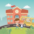 School building and bus with kids in the landscape scene Royalty Free Stock Photo