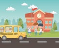 School building and bus with kids in the landscape scene Royalty Free Stock Photo