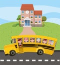 School building and bus with kids in the road scene Royalty Free Stock Photo