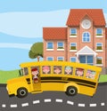 School building and bus with kids in the road scene Royalty Free Stock Photo