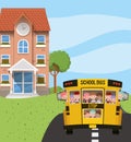 School building and bus with kids in the road scene Royalty Free Stock Photo