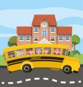 School building and bus with kids in the road scene Royalty Free Stock Photo