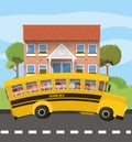 School building and bus with kids in the road scene Royalty Free Stock Photo