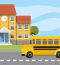 School building and bus in the road scene Royalty Free Stock Photo