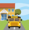 School building and bus in the road scene Royalty Free Stock Photo