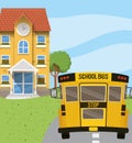 School building and bus in the road scene Royalty Free Stock Photo