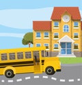 School building and bus in the road scene Royalty Free Stock Photo