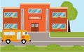 School building in cartoon style. Modern school with a bus and a front yard. Royalty Free Stock Photo