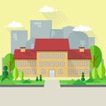 School Building with City Background. Building with Garden Landscape. Royalty Free Stock Photo