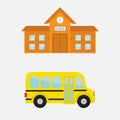 School building with clock and windows. City construction. Yellow school bus kids. Royalty Free Stock Photo