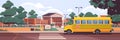 school building empty front yard with green trees road crosswalk and school bus Royalty Free Stock Photo