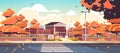 school building empty front yard with road crosswalk autumn cityscape background Royalty Free Stock Photo