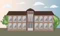 School building front view exterior with trees. Flat and solid color style vector illustration.