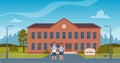 School building and front yard with happy pupils. Back to school concept. Vector illustration