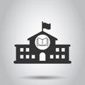 School building icon in flat style. College education vector illustration on white background. Bank, government business concept