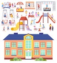 School building or kindergarten, children s activities, kids playing at playground, have fun