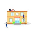 School building with little people. Flat style. Vector illustration Royalty Free Stock Photo