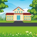 School building with nature lovely landscape cartoon