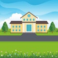 School building with nature lovely landscape cartoon