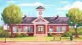 School building outside with yard elements. Cartoon modern illustration set of red brick wall, sign, bench, green trees Royalty Free Stock Photo