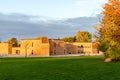 School building and schoolyard in the evening in autumn Royalty Free Stock Photo