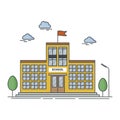 School building with trees isolated on white background. Outline vector illustration in cartoon style. Royalty Free Stock Photo