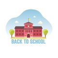 School building vector illustration. High school or college with trees and flowers, blue sky and white clouds. Royalty Free Stock Photo