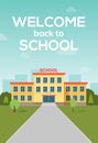 School building vector poster background. Welcome school education building campus cartoon