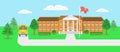 School building and yard flat landscape vector illustration Royalty Free Stock Photo