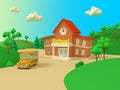 School building and yellow bus with green summer beautiful landscape. Back to school. Volumetric style illustration. 3D render Royalty Free Stock Photo