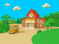 School building and yellow bus with green summer beautiful landscape. Back to school. Volumetric style illustration. 3D render Royalty Free Stock Photo