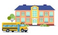 School building with yellow school bus, isolated icons in flat style, back to school concept Royalty Free Stock Photo