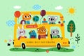 School bus with animals. Two storey kids transport. Pupils coming to lessons. Little fires students. Funny bear or bunny