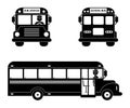 School bus black symbol set. Front, side and back view on white. Royalty Free Stock Photo