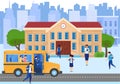 School bus, building, and front yard with students children, teacher on cityscape background cartoon vector illustration Royalty Free Stock Photo