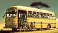 School bus in the desert of Africa. Vintage style. Illustration.