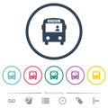 School bus with driver flat color icons in round outlines