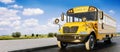 School bus driving on the road, concept of going back to school, beautiful sunny day