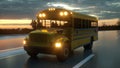 School bus driving on the road, concept of going back to school, 3d rendering Royalty Free Stock Photo