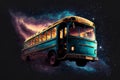 School bus flying outer space