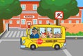 School Bus With Happy Children Cartoon Characters Going To School Royalty Free Stock Photo