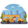 School bus and Happy Children. Vector illustration of School theme. Vector of little boy standing near the school bus Royalty Free Stock Photo