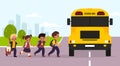 School bus kids. Students enter yellow transport, children group goes to classes, urban landscape, girls and boys with