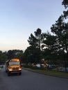 School bus with lights on