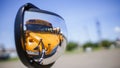 School bus mirror selfie waiting on paking lot in summer day