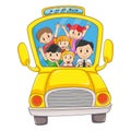 School bus with nice children girls and boys cartoon vector illustration