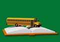School bus over book isolated on blue background. Back to school concept Royalty Free Stock Photo