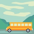 School bus paper art style driving on the road with beautiful background vector illustration Royalty Free Stock Photo