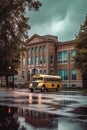 school bus parked in front of a school building